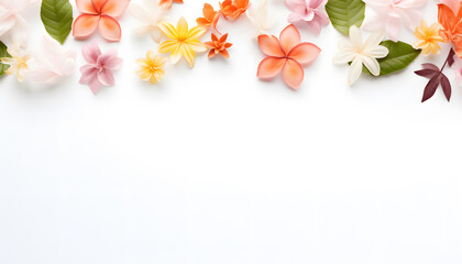 Lovely spring flowers and leaves on white background