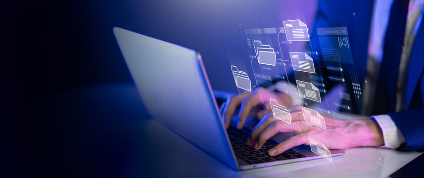 Document Management Data System Business Internet Technology and Corporate data management system (DMS) concept. Businessman publish protected document connected with users.
