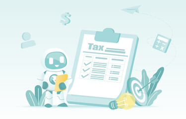 Artificial intelligence (AI) technology and filling tax form. Income report, return on investment, financial accounting, revenue, taxation, tax deduction, fill out tax forms, manage taxes.