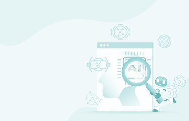 Artificial intelligence (AI) technology and research concept. AI robot augment microchip on real head for research, improvement, development, evolution, intelligent robot. Flat vector illustration.