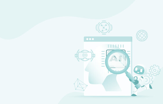 Artificial intelligence (AI) technology and research concept. AI robot augment microchip on real head for research, improvement, development, evolution, intelligent robot. Flat vector illustration.