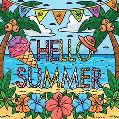 Hello Summer Colored Cartoon Illustration