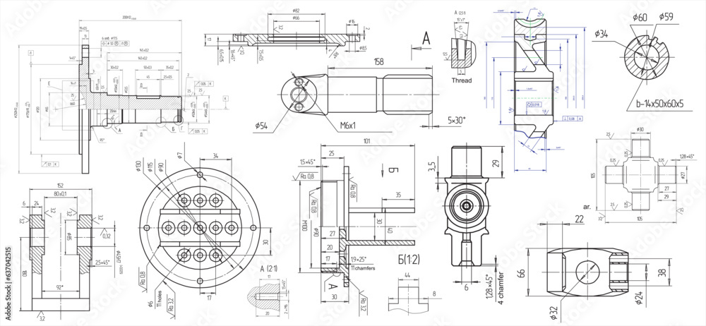 Canvas Prints Vector engineering drawing of a steel mechanical parts with through holes.
Industrial cad scheme on white paper sheets. Technology background.