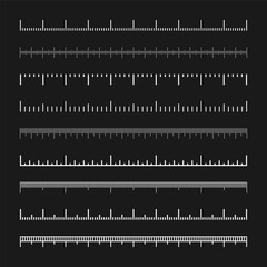 Various measurement scales with divisions. Realistic white scale for measuring length or height in centimeters, millimeters or inches. Ruler, tape measure marks, size indicators. Vector illustration