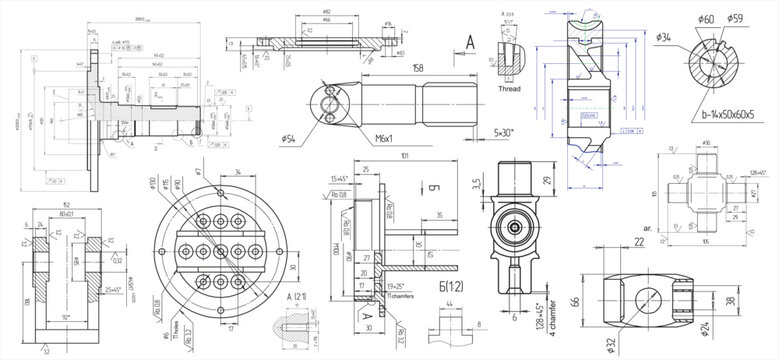 Vector engineering drawing of a steel mechanical parts with through holes.
Industrial cad scheme on white paper sheets. Technology background.