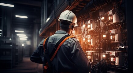 Fototapeta na wymiar electrican working in a factory, worker with helmet, electrical worker in action