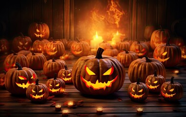 Carved pumpkins with lights, casting a whimsical and vibrant glow, capturing the joyful modern spirit of Halloween celebrations