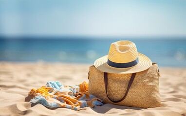 Beach bag, fedora hat, and scarf at the beach