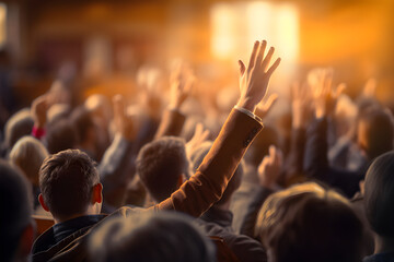 Participant Raising Hand at Venue Event, Convention or Auditorium Scene