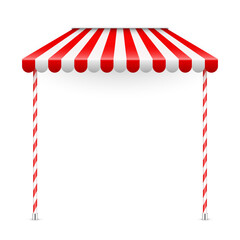 Fototapeta premium Red shop sunshade with stand holders. Realistic striped cafe awning. Outdoor market tent. Roof canopy. Summer street store. Vector illustration