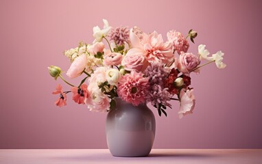 A bouquet of colorful flowers in a vase isolated on a pastel pink background