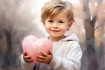 Obraz na płótnie Canvas Cute kid smiling and holding pink heart, watercolor