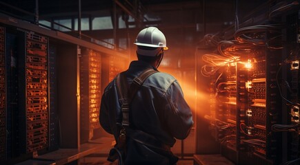 electrican working in a factory, worker with helmet, electrical worker in action