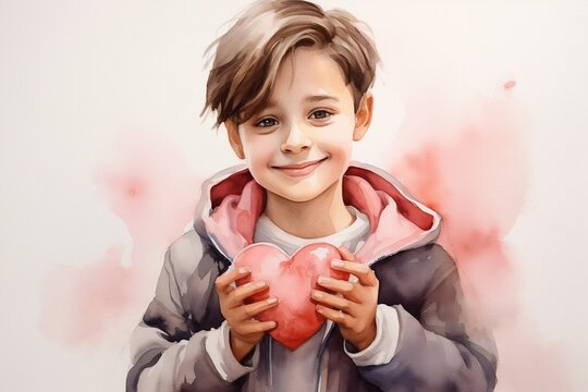 Cute kid smiling and holding pink heart, watercolor