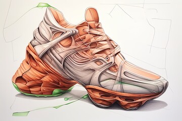 Sketch metal shoes, pencil drawing ,dynamic style Futuristic sneakers with fabric top