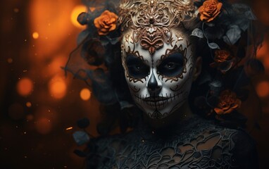 Woman wearing a mask at a Halloween party