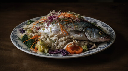 a white plate topped with fish covered in veggies.
