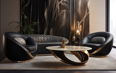 Modern luxury living room with couch, armchair, and coffee table
