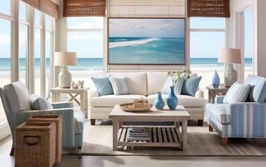 Fototapeta na wymiar Coastal modern living room design with wooden and white sofa and coffee table