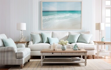 Coastal modern living room design with wooden and white sofa and coffee table