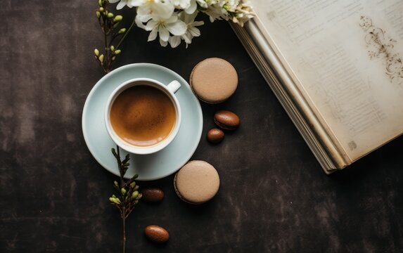 Flat lay background with a cup of coffee, macaroons, and a book on a table