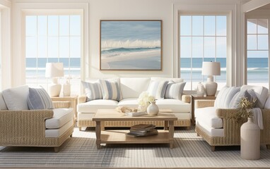 Coastal modern living room design with wooden and white sofa and coffee table
