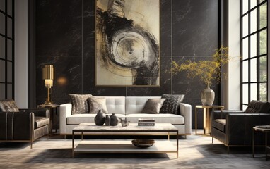 Black and white modern luxury living room with furniture