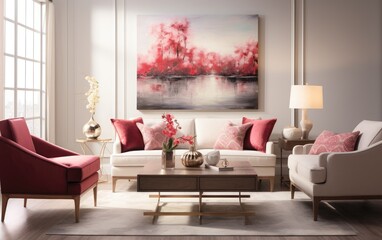 Pink and white modern luxury living room with furniture