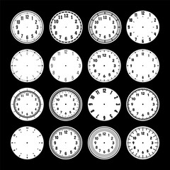 Mechanical clock faces, watch dial with numerals, bezel. Timer or stopwatch element with minute, hour marks and numbers. Blank measuring circle scale with divisions. Vector illustration