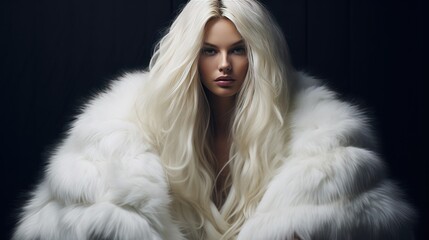 Beauty of a beautiful woman with long hair, white fur coat with long faux fur