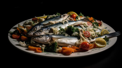 a white plate topped with fish covered in veggies.