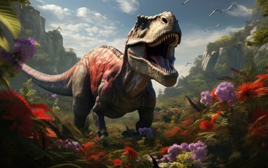 Roaring tyrannosaurus rex dinosaur in nature