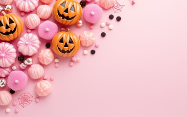 Flay lay pink Halloween background with candies and pumpkins
