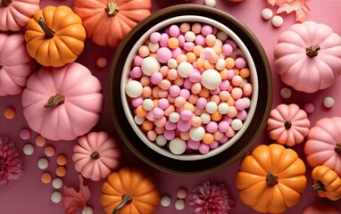 Fototapeta na wymiar Flay lay pink Halloween background with candies and pumpkins