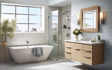 Fototapeta na wymiar Modern white bathroom with bathtub, shower, sink, and big windows