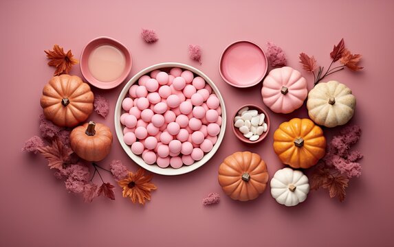 Flay Lay Pink Halloween Background With Candies And Pumpkins