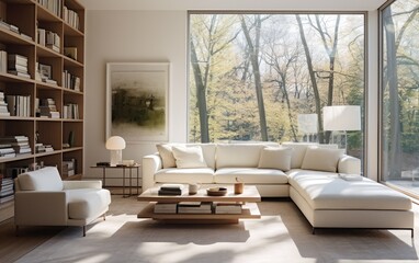 Modern white living room with sofa, bookshelf and big windows