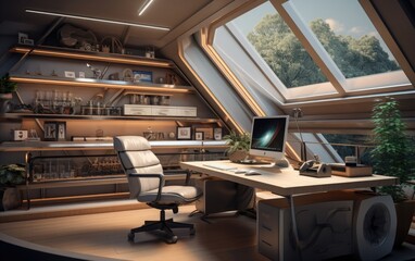 Modern home office with a desk and bookshelf