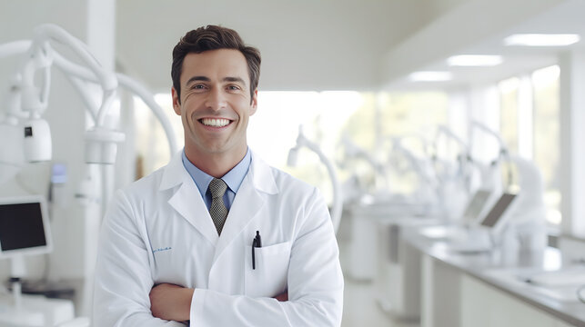 Dentiste homme en blouse blanche, &eacute;voluant dans l'univers dentaire, d&eacute;tails pr&eacute;cis et ambiance clinique &eacute;pur&eacute;e, captur&eacute;e avec une clart&eacute; exceptionnelle