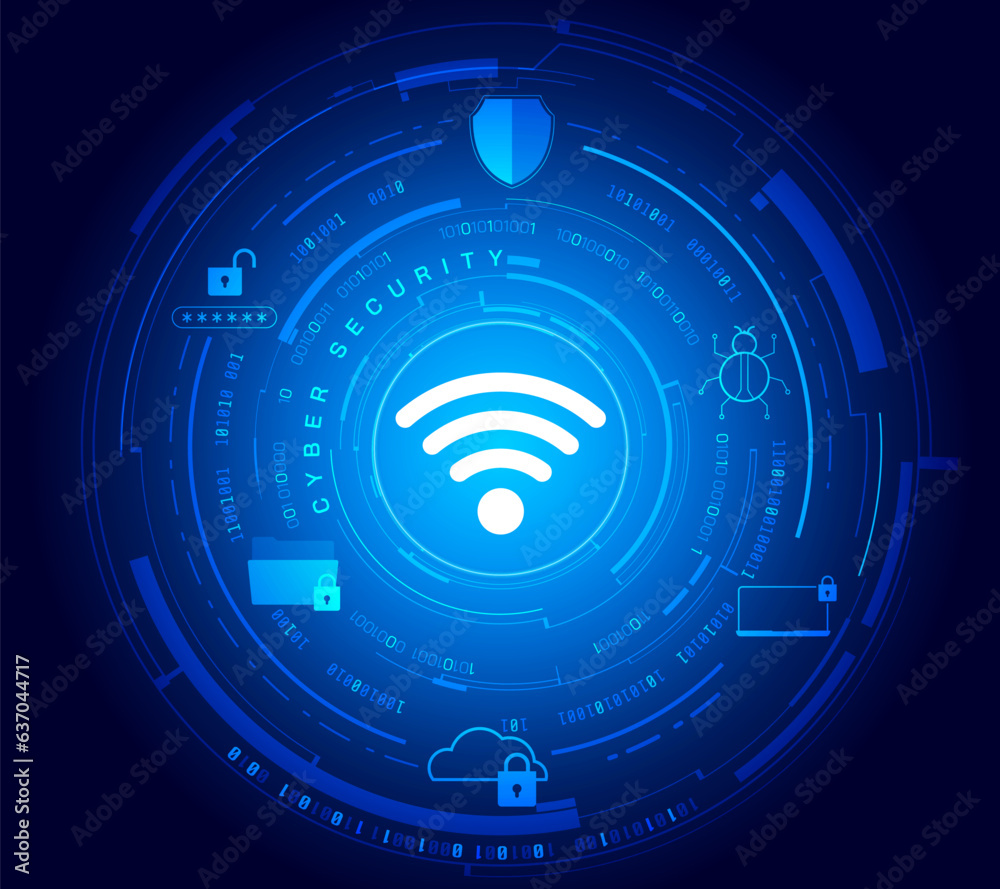 Poster HUD futuristic system of wifi data, cloud storage, virus, password security worldwide global network internet connection. Online protection cyber attack on blue background vector.