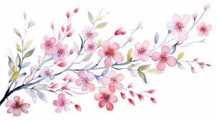 Beautiful flowers growing on a tree branch on a white background in various colors - obrazy, fototapety, plakaty