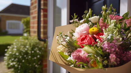 Flower shop delivery and holiday gift postal service, beautiful bouquet of flowers on a house doorstep in the countryside, generative ai