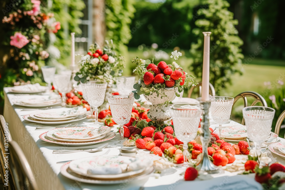 Wall mural country tablescape, formal dinner table setting, table scape with strawberry decoration for wedding 