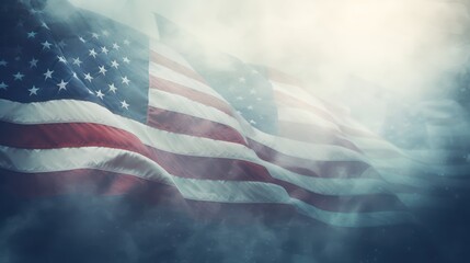 Fototapeta na wymiar USA flag on the background of clouds in the fog