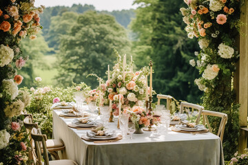 Country tablescape, formal dinner table setting, table scape with strawberry decoration for wedding party and holiday event celebration, generative ai