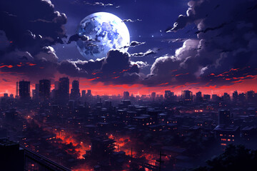 View of the night futuristic city, anime style.