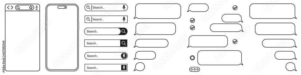 Aufkleber browser window in line style, smartphone, blank web page, search bar in internet, line template mock