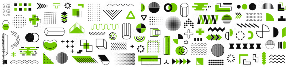 Poster set of geometric shapes icons. retro funky graphic, 90s trends designs and vintage print element col