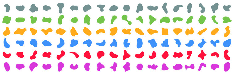 Set of random abstract colored blotch shapes. Liquid shape elements. Round blobs collection. Fluid dynamic forms. Rounded spot or speck of irregular form. Pebble, blotch, inkblot, stone and drops