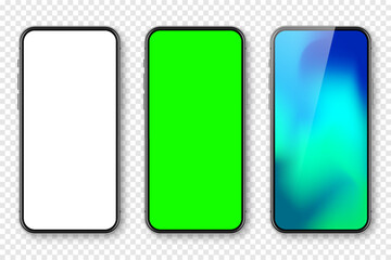 Smartphone with blank touch screen and abstract colorful wallpaper, green chroma key background. Frameless mobile phone in front view. High quality detailed device mockup. Vector illustration